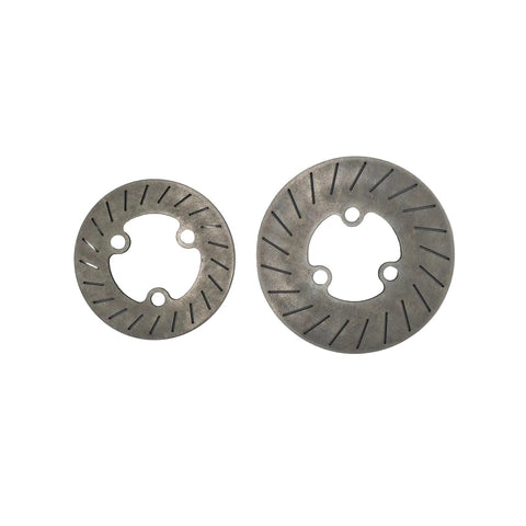 Both titanium outlaw kart left front brake rotors shown side by side, 3.5 inch Hegar style and 4.25 inch QRC style