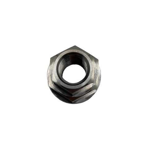 Double hex head on the titanium starter nut showing the 3/4 and 15/16 inch socket sizes and 14mm x 1.5 threads