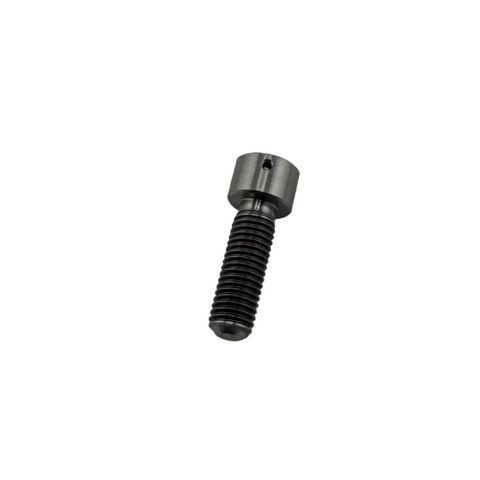 Close view of titanium brake hub bolt head drilled for safety wire