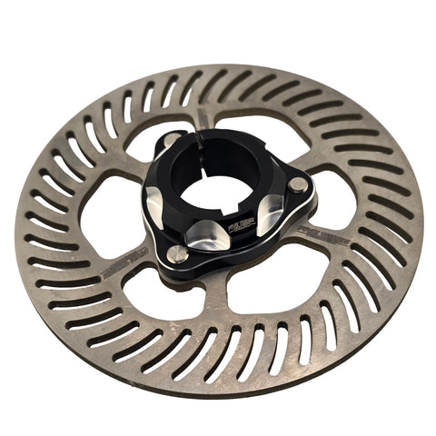 Titanium go kart round brake rotor mounted on the Revolver rear brake hub