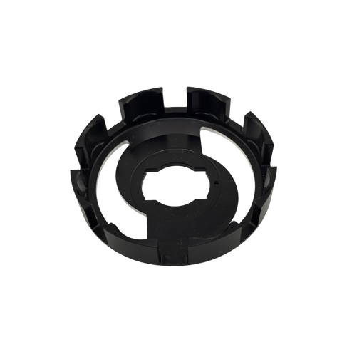 Vented aluminum two disk clutch basket, back view with Bully style gear mounting face