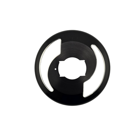 Vented aluminum two disk go kart clutch basket, top view showing cooling vents