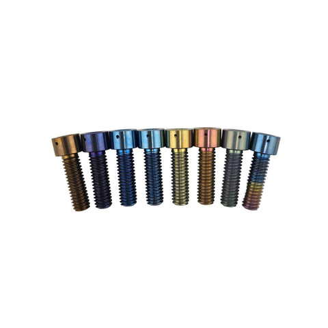 Color Lab anodized titanium lock collar bolts lined up in all eight colors