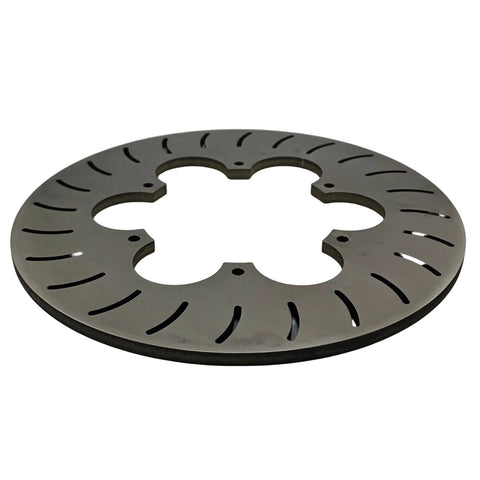 Titanium TQ midget front rotor angled to show .290 inch thickness and 1/4 inch drilled mounting holes