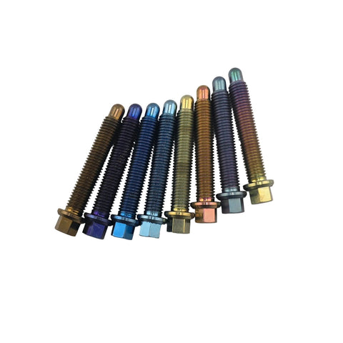 Color Lab anodized titanium 1/4-28 lug studs shown in all eight colors