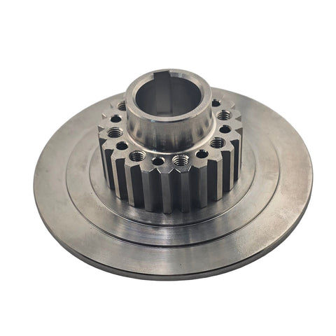 Titanium drive hub and plate shown alongside clutch pack components