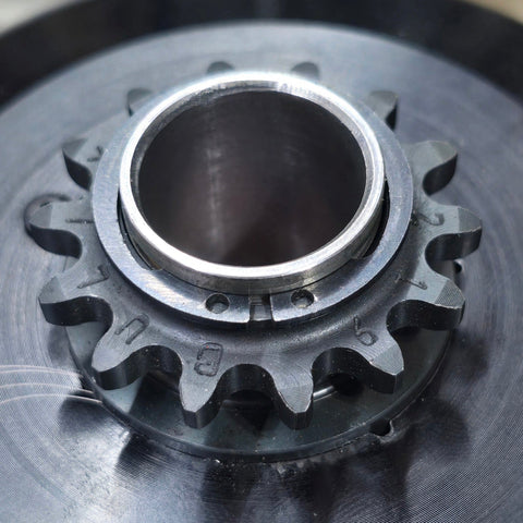 Close up of clutch snout snap ring gap and ring ears for outlaw kart clutch service