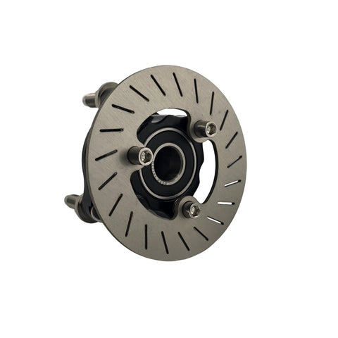 Detail of titanium outlaw kart front brake rotor surface finish and mounting holes