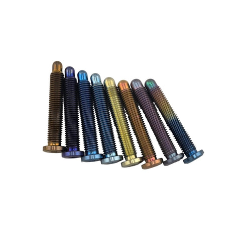 Color Lab anodized titanium 5/16-24 flush head lug studs shown in all eight colors