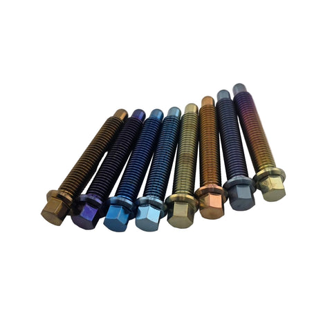Anodized titanium 1/4-28 kart lug stud showing the bullet nose and threaded shank