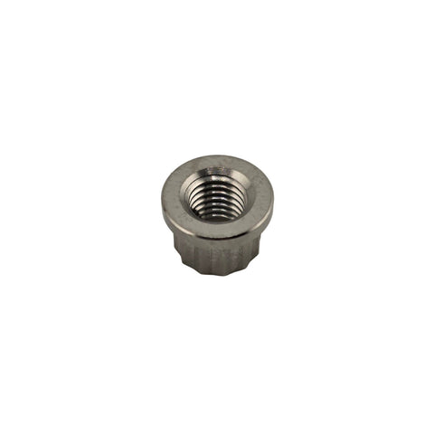 Top view of the 12 point titanium nut showing the wrenching flats and 1/4-28 threads for gear hub use