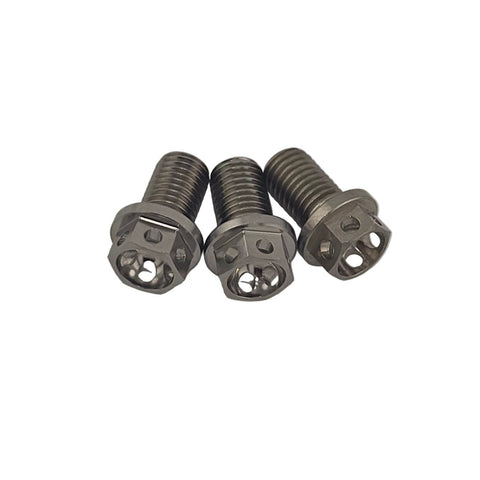 Titanium rotor bolts installed on a go kart brake rotor and hub