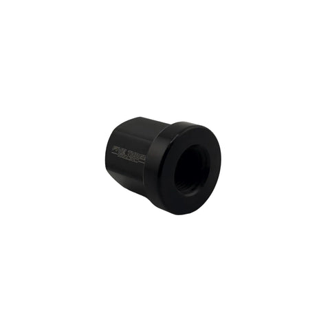 Top view of the black anodized aluminum flanged lug nut showing the 3/4 inch hex wrench flats