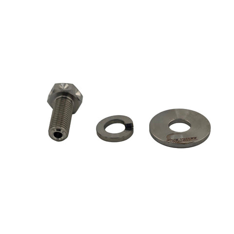 Center-drilled titanium clutch bolt shown with its washers laid out