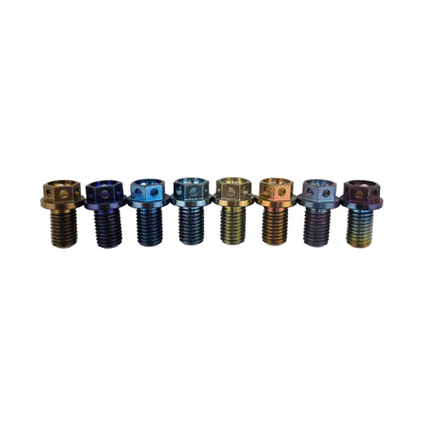 Color Lab anodized titanium 5/16-24 go kart rotor bolts shown in all eight colors, left to right
