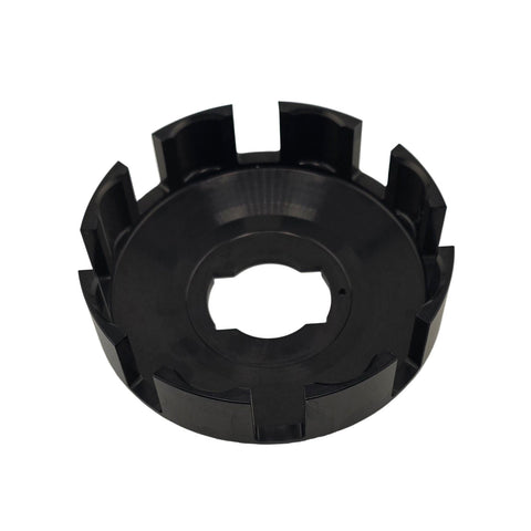 Anodized aluminum clutch basket with custom etched logo on an outlaw kart clutch