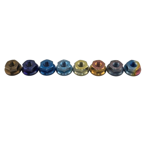 Anodized titanium 1/2 inch head kart lug nut showing the non-serrated flange
