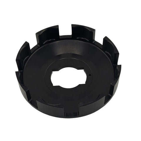 Inside of the aluminum clutch basket showing the drive slots and gear register
