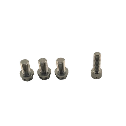 Three pack of titanium go kart rotor bolts laid out with thread detail