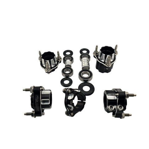 Titanium 1/4-28 studs, nuts, pinch bolts and dust covers included with the Revolver go kart hub kit