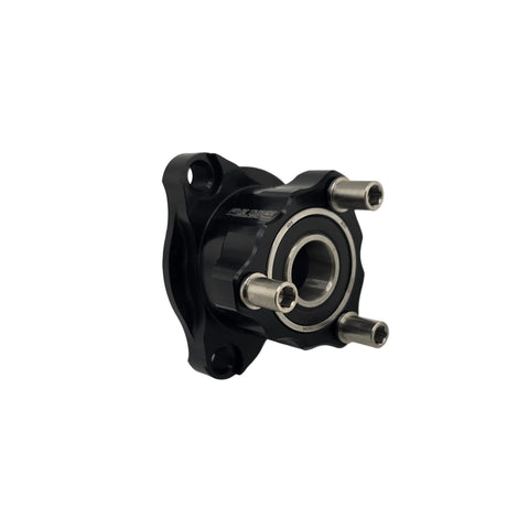 Back side of the 1/4-28 left front hub with recessed pockets for flush head wheel studs