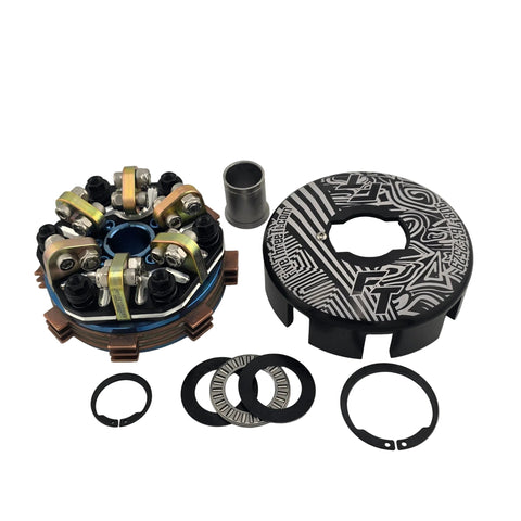 Titanium three disk kart clutch showing coated steel levers and springs